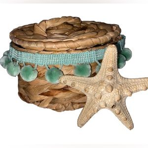 Beautiful Handmade Water Hyacinth Trinket with Aqua Pom Pom Trim